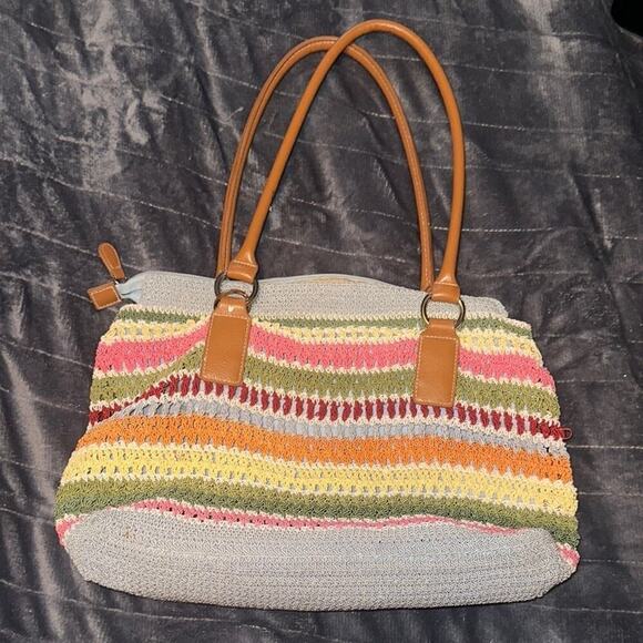 None Handbags - Unique Multicolor Straw Striped Rainbow Crochet Tote Bag